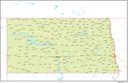 ノースダコタ州地図州都・主な都市・道路あり(英語)の小さい画像