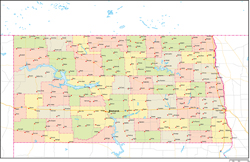 ノースダコタ州郡色分け地図州都・主な都市・道路あり(英語)の小さい画像