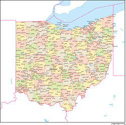 オハイオ州郡色分け地図州都・主な都市あり(英語)の小さい画像