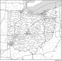 オハイオ州白地図州都・主な都市・道路あり(英語)の小さい画像