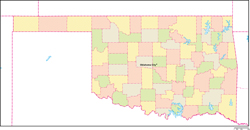 オクラホマ州郡色分け地図州都あり(英語)の小さい画像