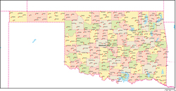 オクラホマ州郡色分け地図州都・主な都市あり(英語)の小さい画像