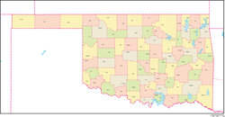 オクラホマ州郡色分け地図郡名あり(英語)の小さい画像