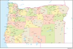 オレゴン州郡色分け地図州都・主な都市あり(英語)の小さい画像