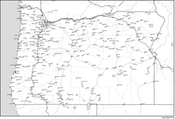 オレゴン州郡分け白地図州都・主な都市・道路あり(英語)の小さい画像
