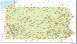 ペンシルベニア州地図州都・主な都市・道路あり(英語)の小さい画像
