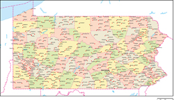 ペンシルベニア州郡色分け地図州都・主な都市あり(英語)の小さい画像