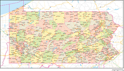 ペンシルベニア州郡色分け地図州都・主な都市・道路あり(英語)の小さい画像