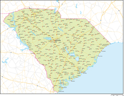 サウスカロライナ州地図州都・主な都市・道路あり(英語)の小さい画像