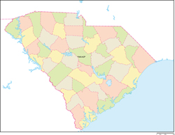 サウスカロライナ州郡色分け地図州都あり(日本語)の小さい画像