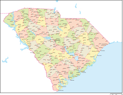 サウスカロライナ州郡色分け地図州都・主な都市あり(英語)の小さい画像