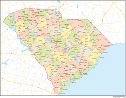 サウスカロライナ州郡色分け地図州都・主な都市・道路あり(英語)の小さい画像