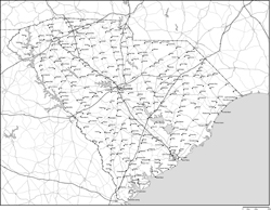 サウスカロライナ州郡分け白地図州都・主な都市・道路あり(英語)の小さい画像