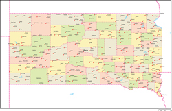 サウスダコタ州郡色分け地図州都・主な都市あり(英語)の小さい画像