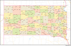 サウスダコタ州郡色分け地図州都・主な都市・道路あり(英語)の小さい画像