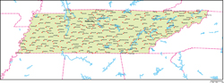 テネシー州地図州都・主な都市あり(英語)の小さい画像