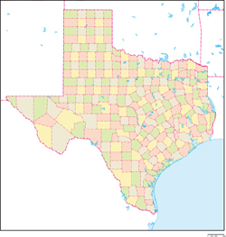 テキサス州郡色分け地図の小さい画像
