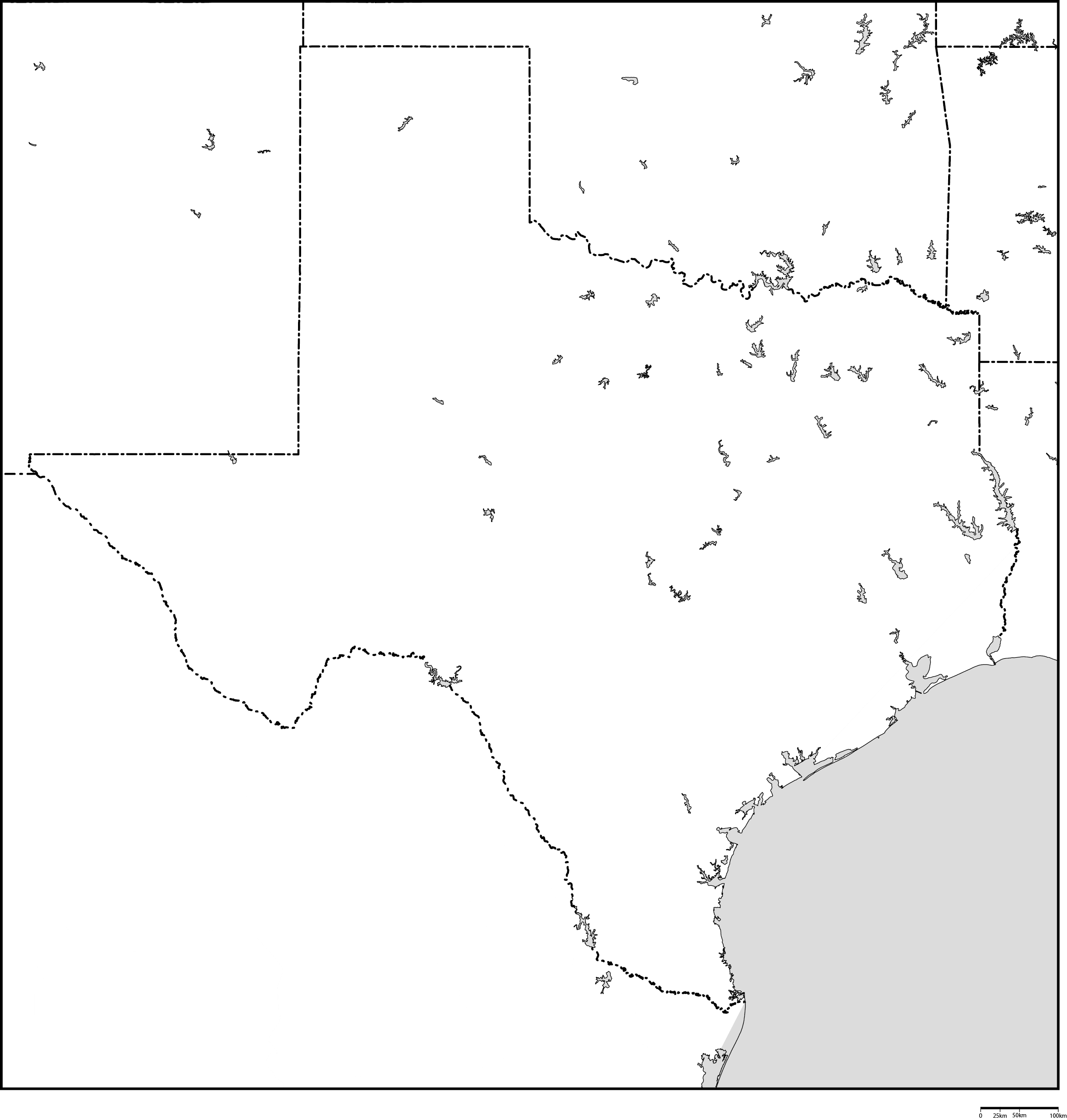 アメリカの地図 白地図 テキサス州の地図