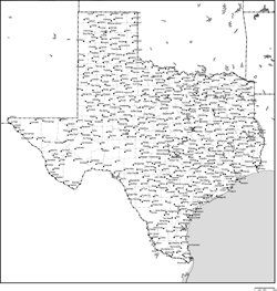 テキサス州郡分け白地図州都・主な都市あり(英語)の小さい画像