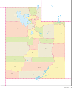 ユタ州郡色分け地図郡名あり(日本語)の小さい画像