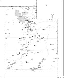 ユタ州郡分け白地図州都・主な都市あり(英語)の小さい画像