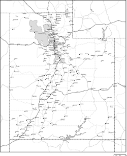 ユタ州郡分け白地図州都・主な都市・道路あり(英語)の小さい画像