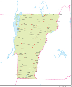 バーモント州地図州都・主な都市あり(英語)の小さい画像