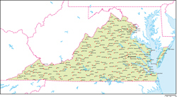 バージニア州地図州都・主な都市あり(英語)の小さい画像