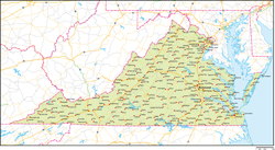 バージニア州地図州都・主な都市・道路あり(英語)の小さい画像
