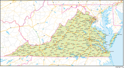 バージニア州地図州都・主な都市・道路あり(英語)の小さい画像