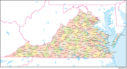 バージニア州郡色分け地図州都・主な都市あり(英語)の小さい画像