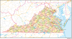バージニア州郡色分け地図州都・主な都市・道路あり(英語)の小さい画像
