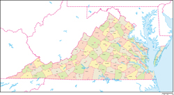 バージニア州郡色分け地図郡名あり(英語)の小さい画像