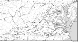 バージニア州白地図州都・主な都市・道路あり(英語)の小さい画像