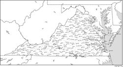 バージニア州郡分け白地図州都・主な都市あり(英語)の小さい画像