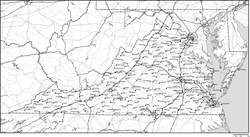 バージニア州郡分け白地図州都・主な都市・道路あり(英語)の小さい画像
