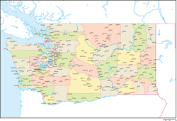 ワシントン州郡色分け地図州都・主な都市あり(英語)の小さい画像