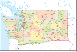 ワシントン州郡色分け地図州都・主な都市・道路あり(英語)の小さい画像