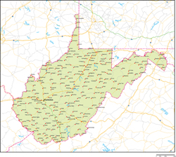 ウェストバージニア州地図州都・主な都市・道路あり(英語)の小さい画像