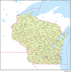 ウィスコンシン州地図州都・主な都市あり(英語)の小さい画像