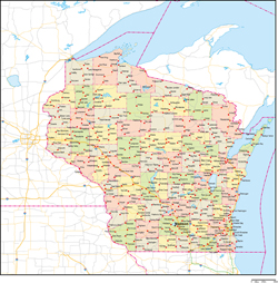 ウィスコンシン州郡色分け地図州都・主な都市・道路あり(英語)の小さい画像