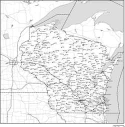 ウィスコンシン州白地図州都・主な都市・道路あり(英語)の小さい画像