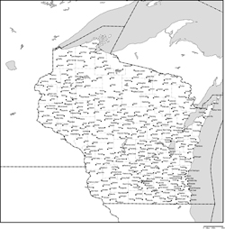 ウィスコンシン州郡分け白地図州都・主な都市あり(英語)の小さい画像