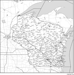 ウィスコンシン州郡分け白地図州都・主な都市・道路あり(英語)の小さい画像