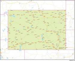 ワイオミング州地図州都・主な都市・道路あり(英語)の小さい画像