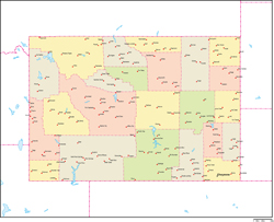 ワイオミング州郡色分け地図州都・主な都市あり(英語)の小さい画像