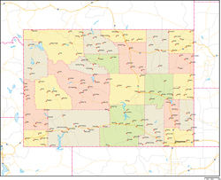 ワイオミング州郡色分け地図州都・主な都市・道路あり(英語)の小さい画像