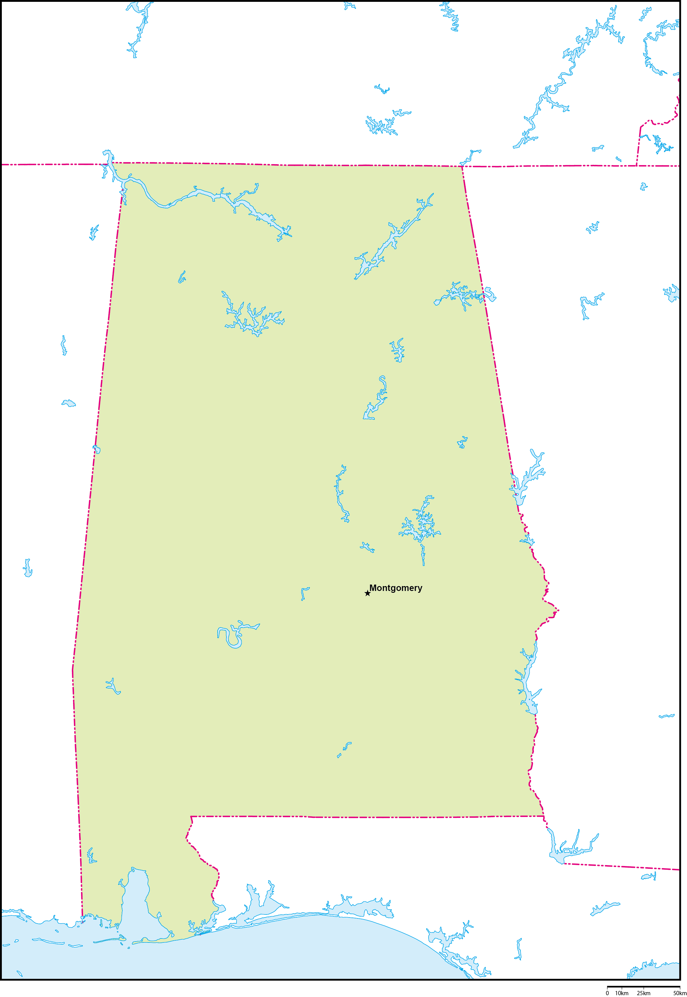 アラバマ州地図州都あり(英語)フリーデータの画像