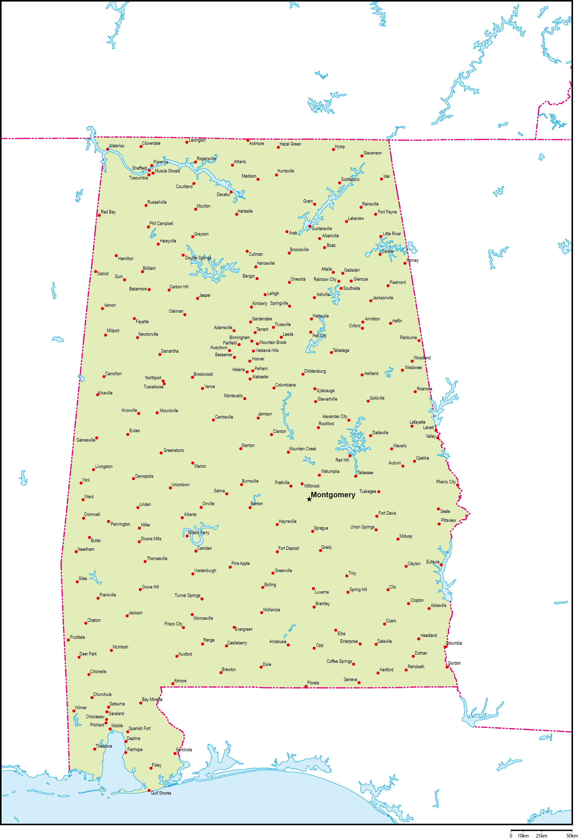 アラバマ州地図州都・主な都市あり(英語)フリーデータの画像