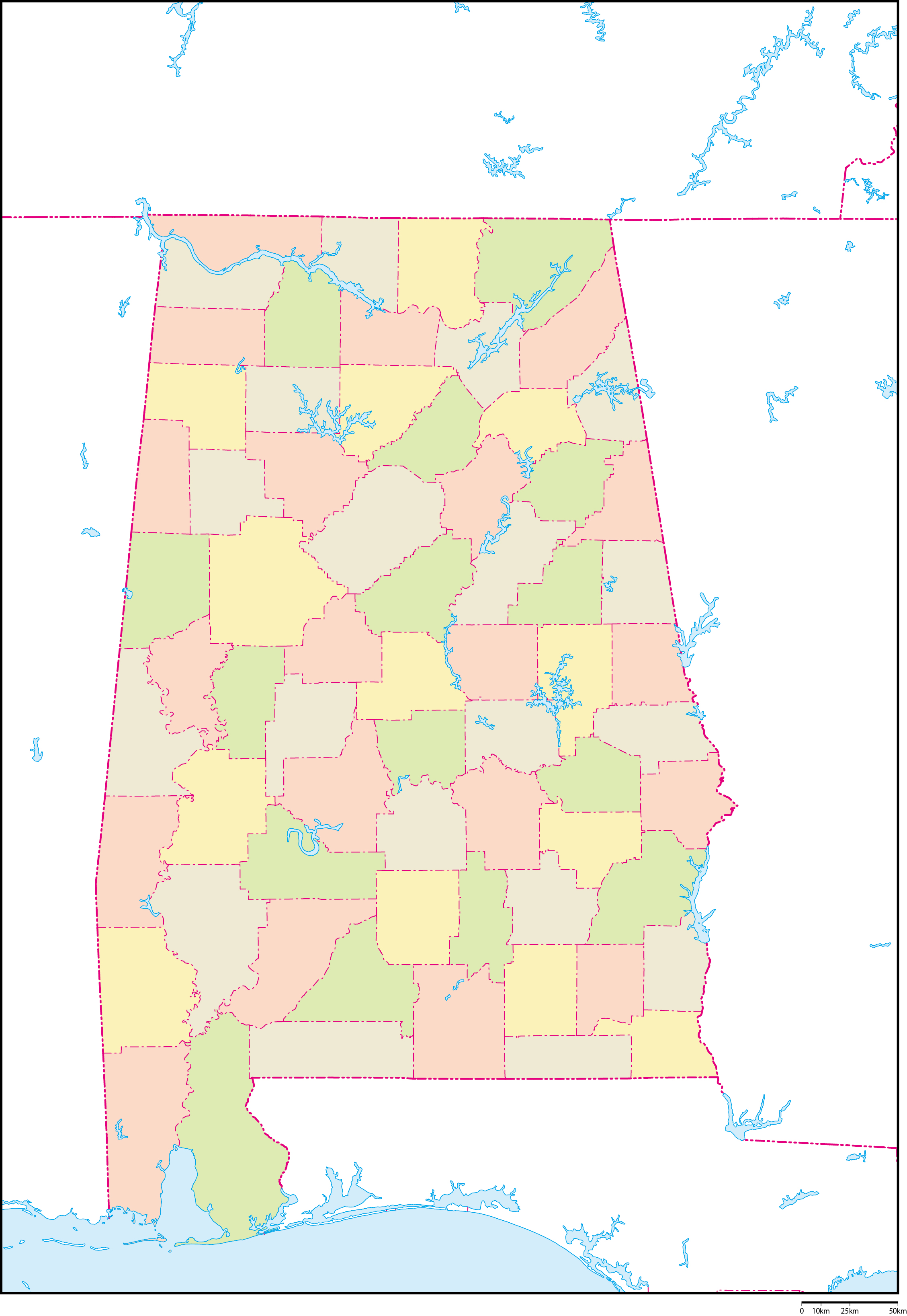 アラバマ州郡色分け地図フリーデータの画像